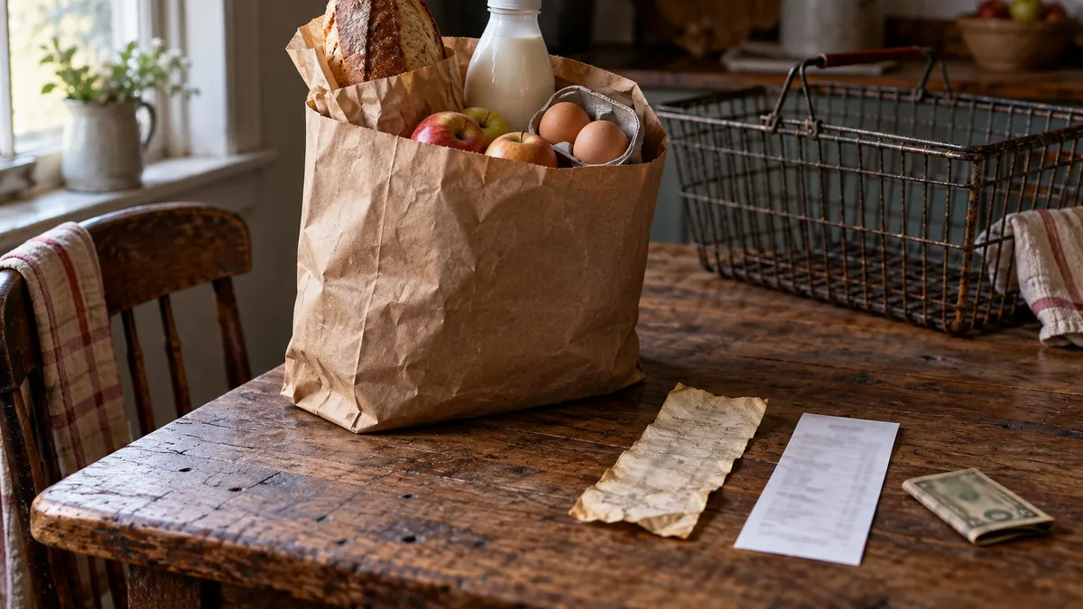 A grocery bag and two blurred receipts on a kitchen table.