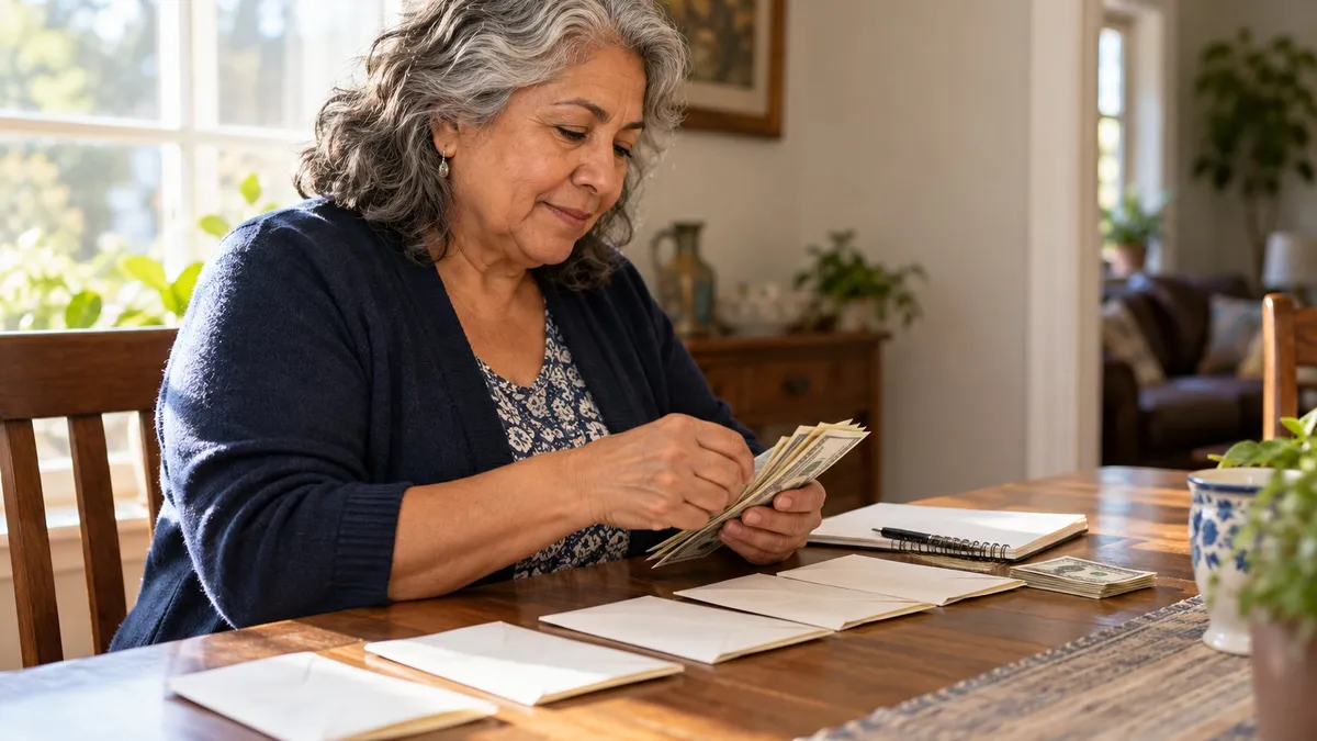 Older woman dividing monthly spending cash among envelopes.