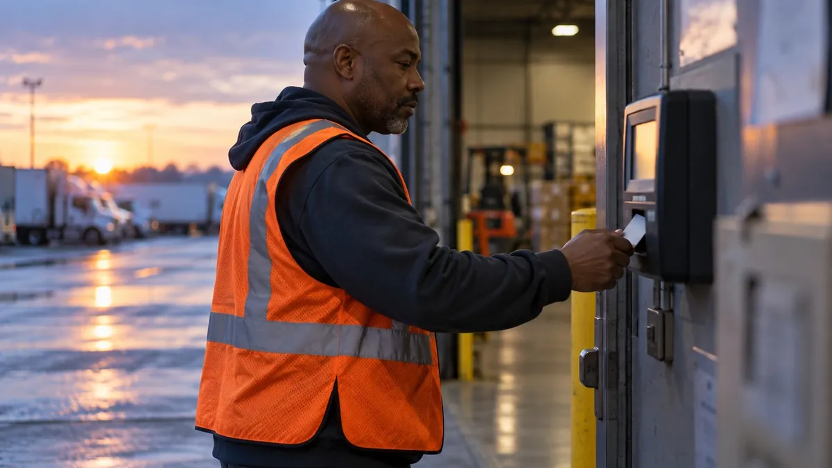A warehouse worker in a safety vest clocking in at a time clock on the wall at dawn.