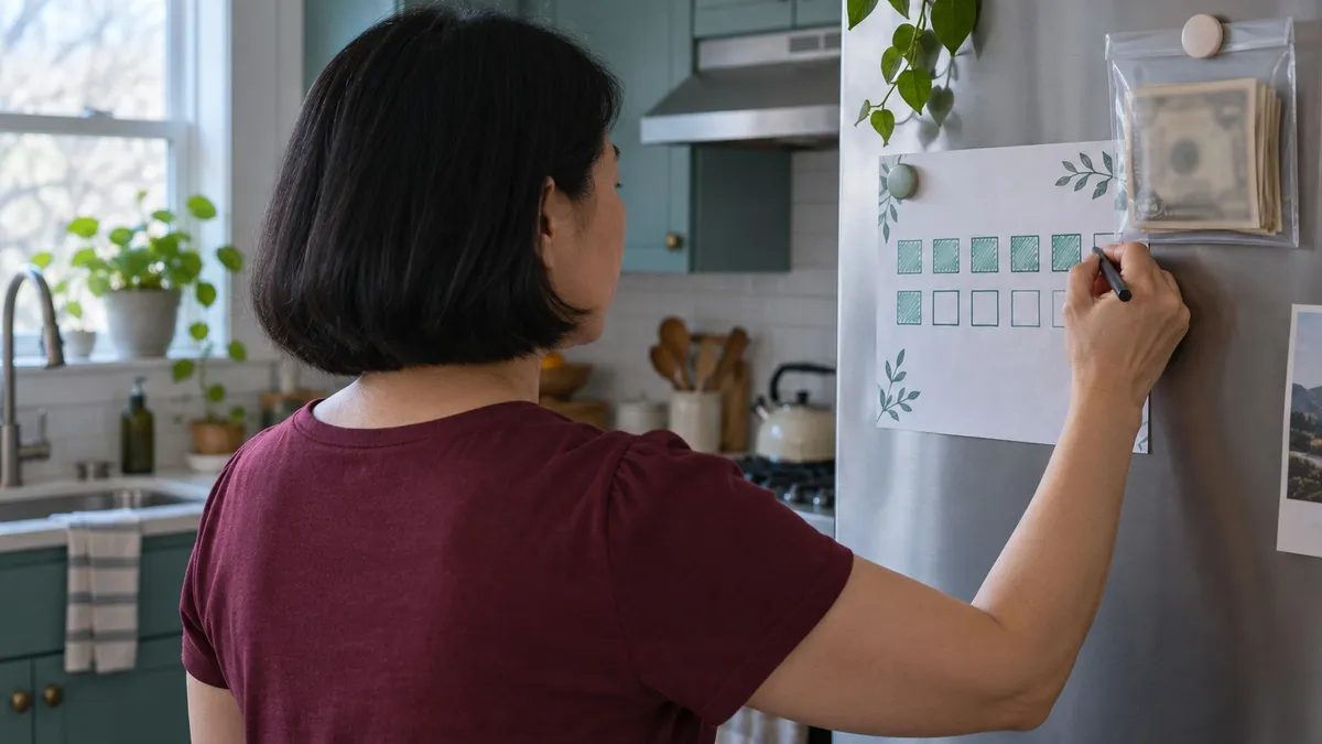 Woman marking a savings tracker on a refrigerator beside an envelope of cash.