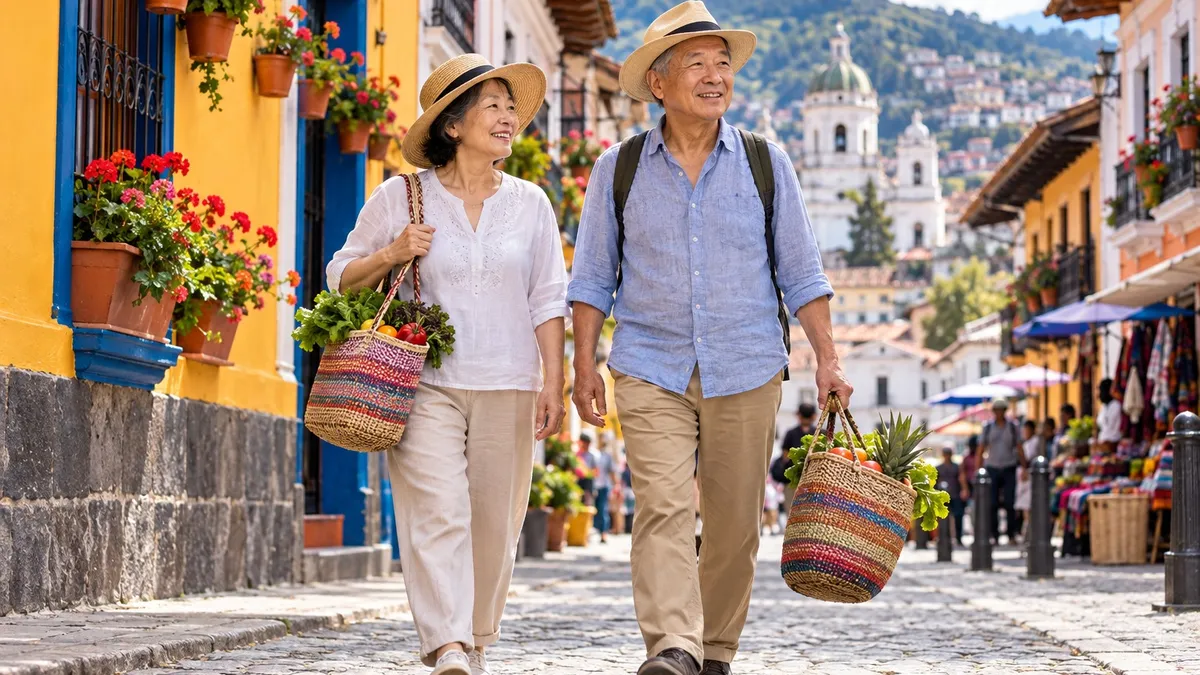 A retired couple in their 60s on a colorful colonial-style street in a Latin American town, carrying market bags.