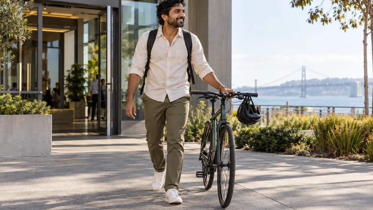 Man leaving an office with his backpack and bicycle in afternoon light.