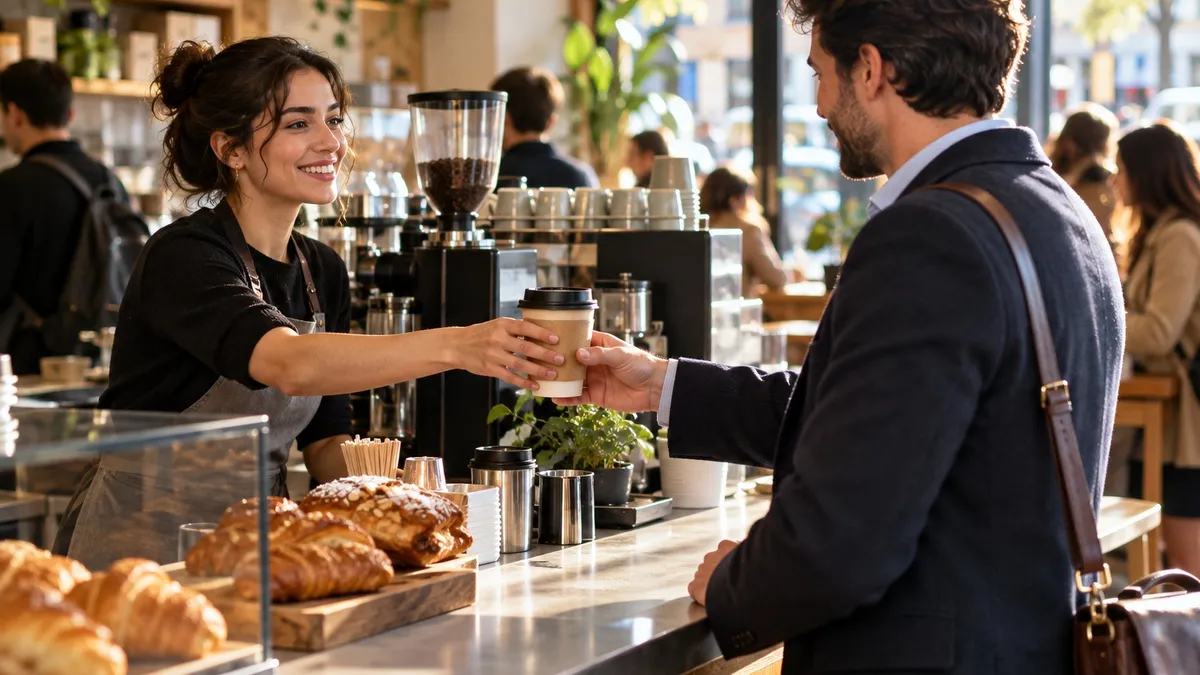 A barista handing a takeaway latte across a café counter to a customer in office clothes, morning rush.