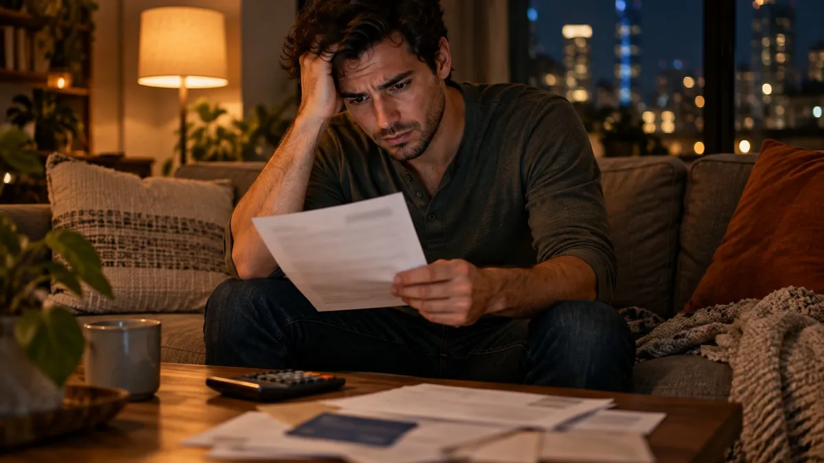 A man in his late 20s at night on a couch staring at a credit card bill on paper, a calculator on the cushion.