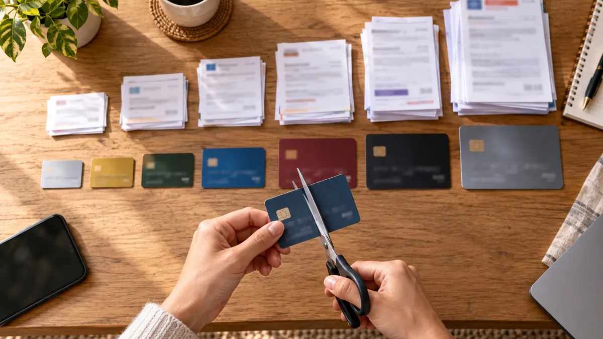 Overhead flat-lay of several credit cards and loan letters lined up from small to large on a desk, a hand cutting one card with scissors.