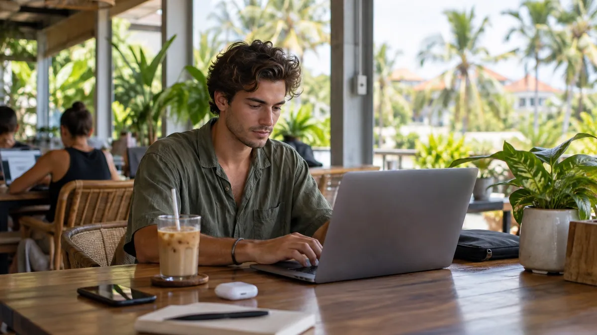 A young man working on a laptop at a shared coworking table by an open window with palm trees outside in the tropics, iced coffee beside him.