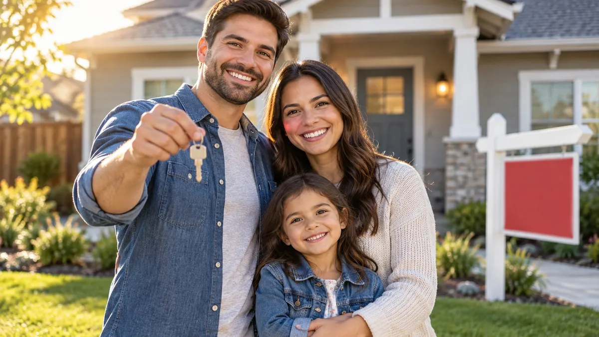 A young family standing in front of a small single-family house with a for-sale sign, the father holding keys.