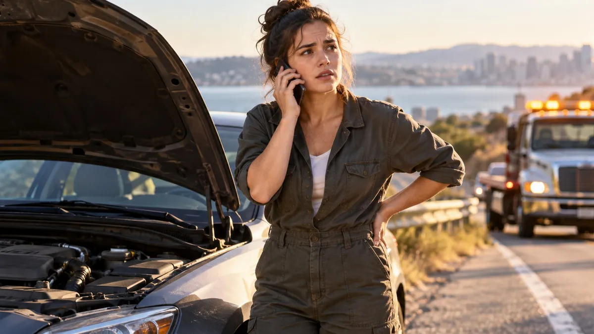A car on the roadside with its hood up, a woman in work clothes on the phone with a tow truck arriving in the background.