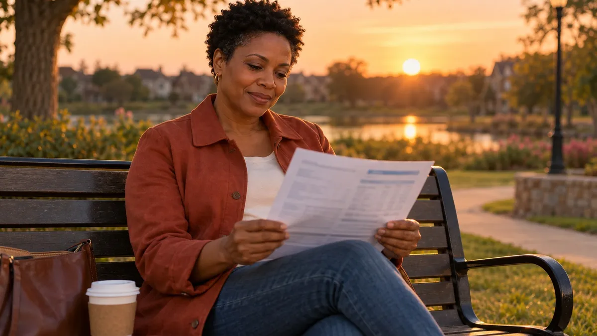 Woman reading an investment statement on a park bench at sunset.