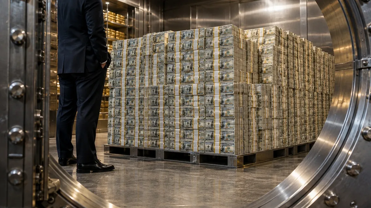A huge pile of stacked $100-bill bricks in a bank vault with a single person standing beside it for scale.