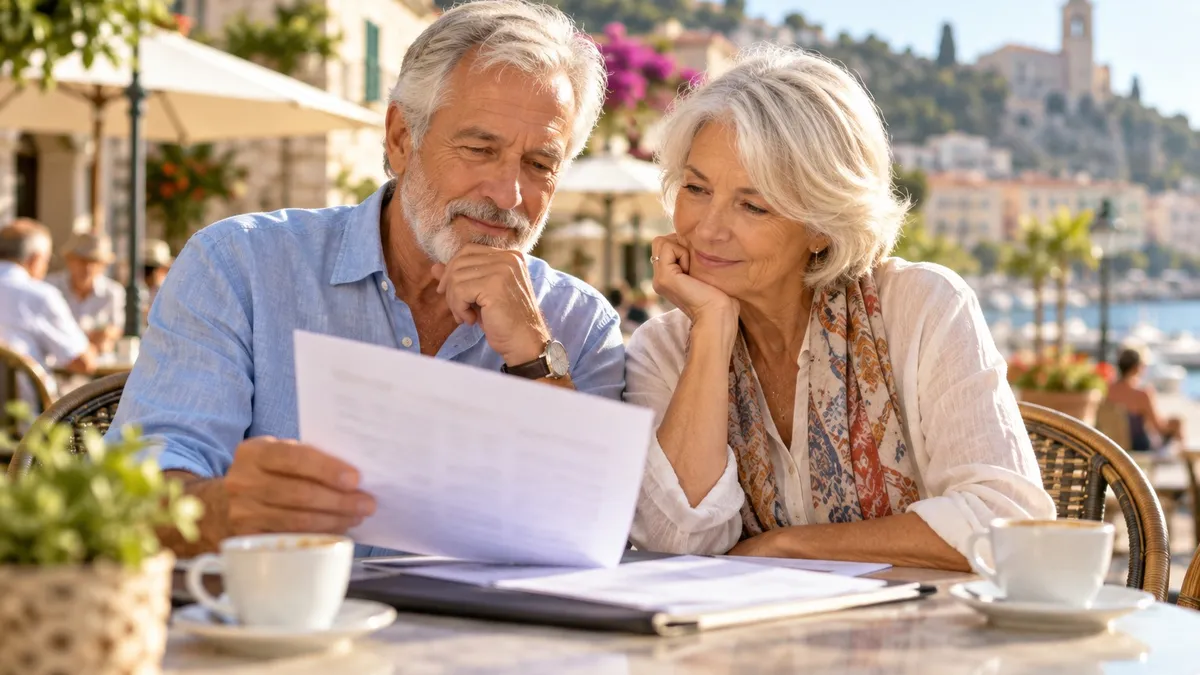 A retired couple in their 70s at a small café table on a sunny plaza abroad, looking at a paper budget sheet together.