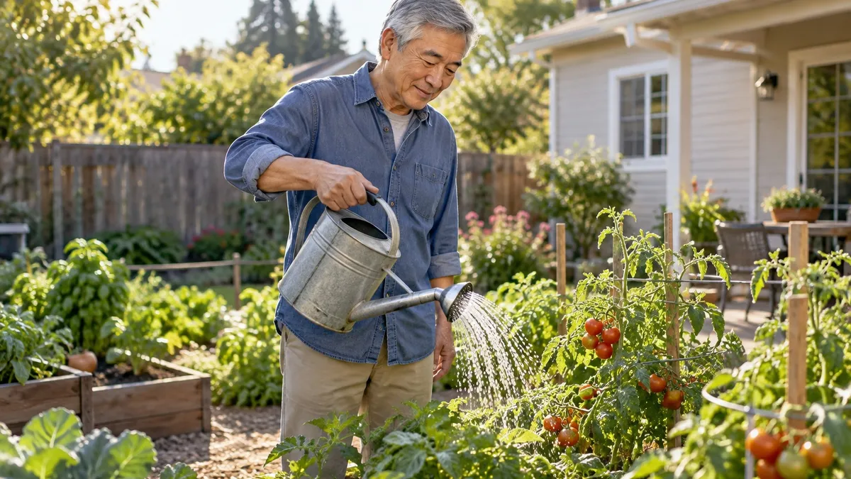 Retired man watering tomatoes in his suburban backyard.