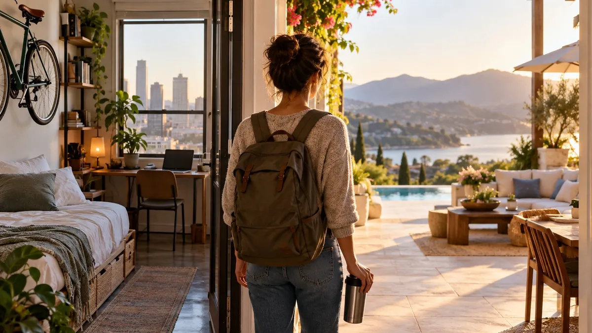 A small studio apartment on one side and the sunny patio of a large home on the other, seen through a doorway.