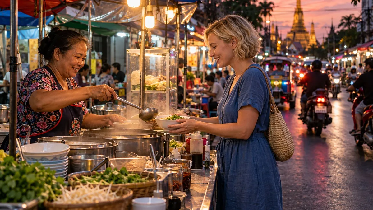 A woman in her 30s buying noodle soup at a Bangkok street food stall at dusk, Thai street scene with motorbikes.