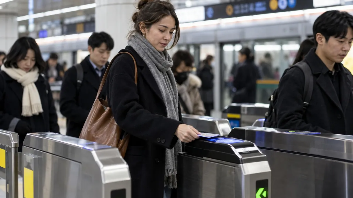 A woman in her late 20s tapping a transit card at a Seoul subway gate, commuters around.