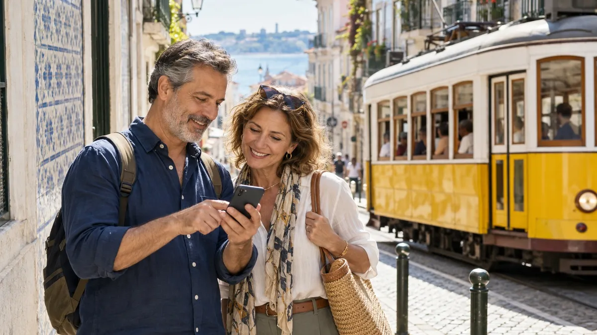 A couple in their 50s on a sunny Lisbon-style tiled street with a yellow tram passing, looking at apartment listings on a phone.