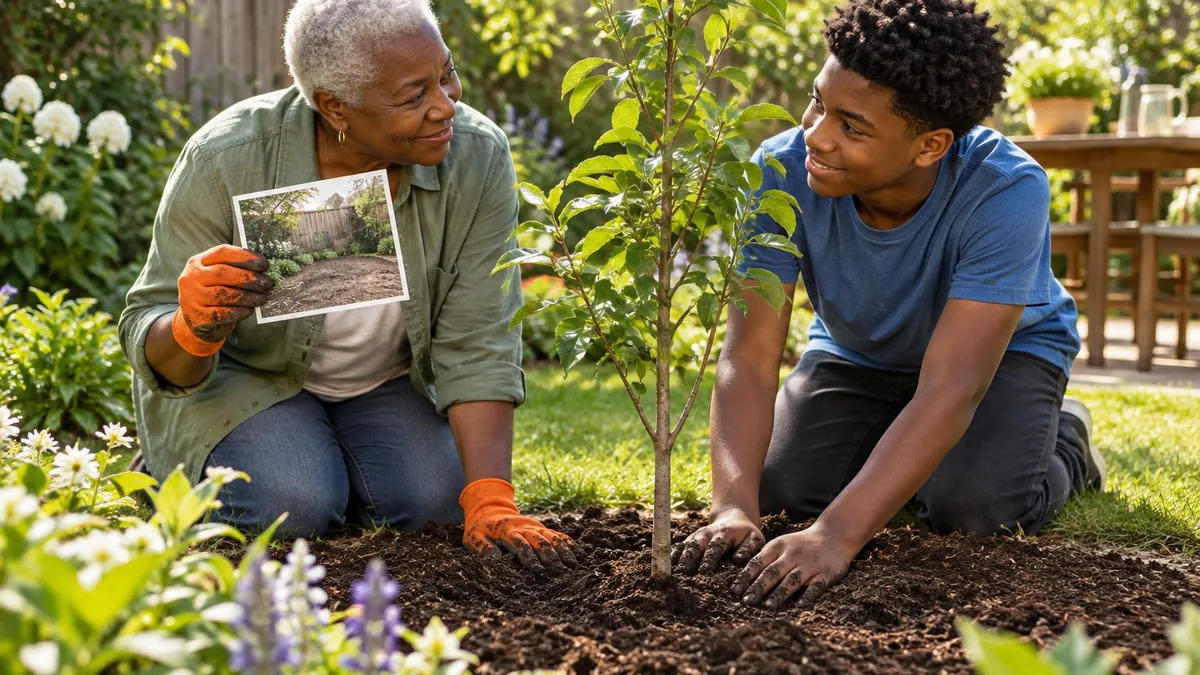 Grandmother and teenage grandson planting a tree beside their garden.