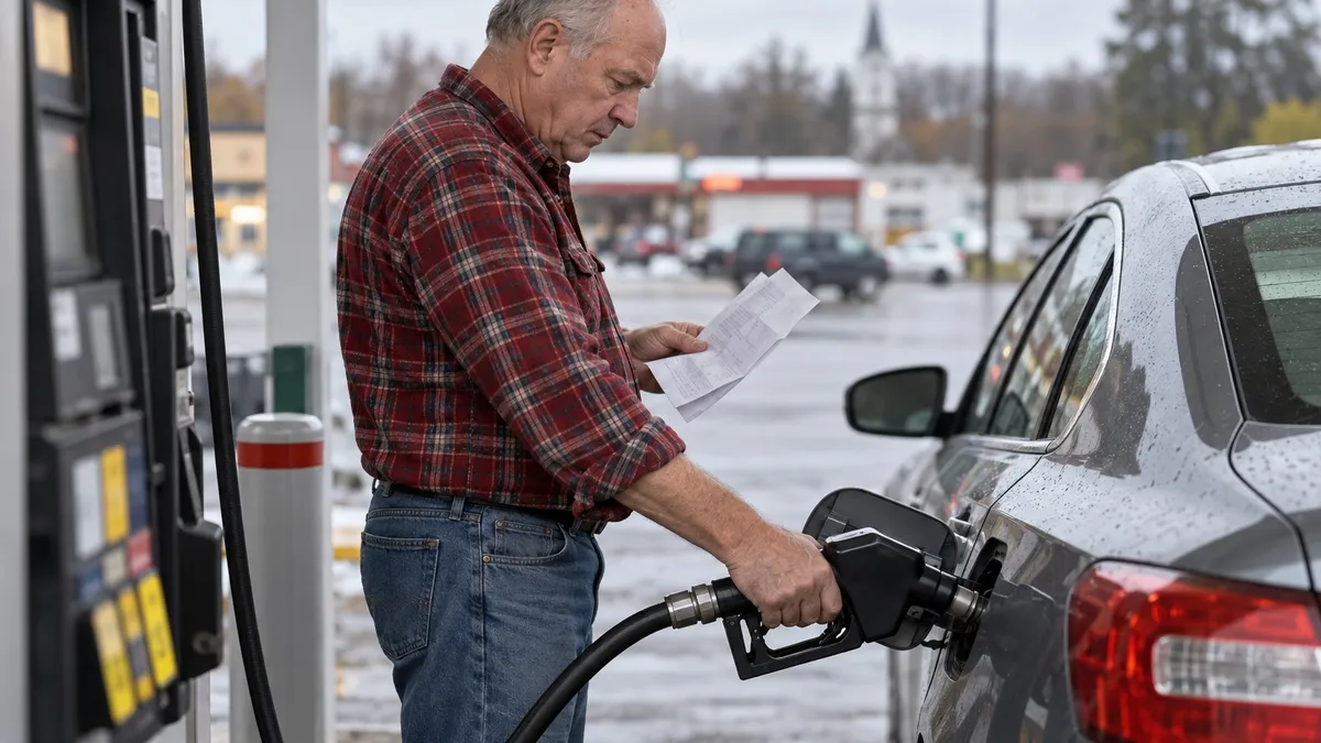 A man at a gas station pump filling a mid-size sedan, a repair-shop invoice folded in his other hand.