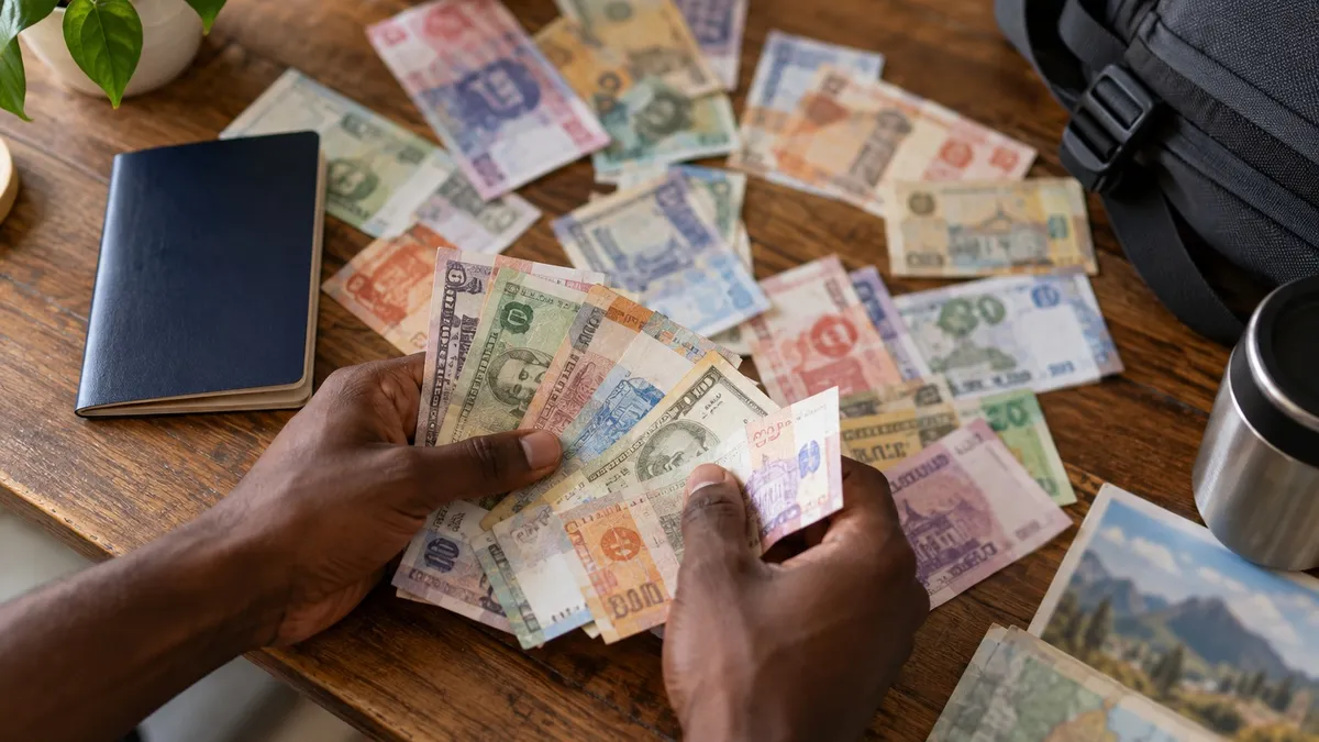 A traveller's hands spreading out banknotes of several different countries on a hostel table next to a passport and a backpack strap.